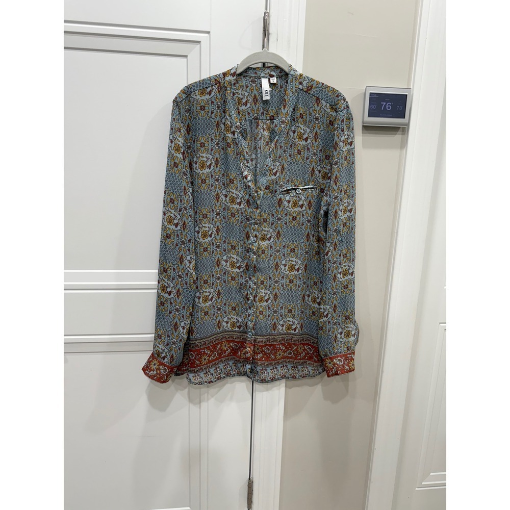 KUT From The Kloth Womens XL Floral Print V Neck Button Up Long Sleeve Shirt